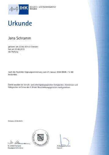 Jana Schramm Zertifikat IHK Sachsen