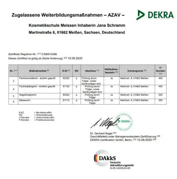 Zugelassener Maßnahmen AZAV Dekra - DAkkS (Auszug) Zertifikat